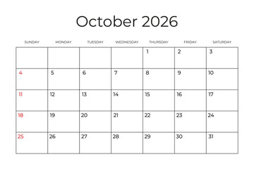 Printable Monthly Calendar template for October 2026. Week Starts on SUNDAY. Wall Calendar in a Minimalist Style. Simple and clean design. Ready to print. Vector illustration