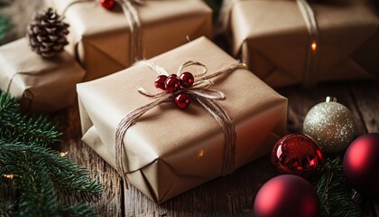 Closeup Of Christmas Gifts Adorned With Decorations On Wooden Surface Captures The Festive Holiday Spirit In Vivid Detail. Joyful And Cheerful.