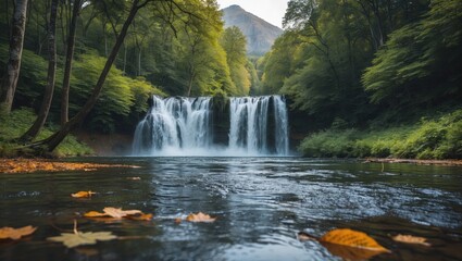 Obraz premium Serene waterfall surrounded by dense trees