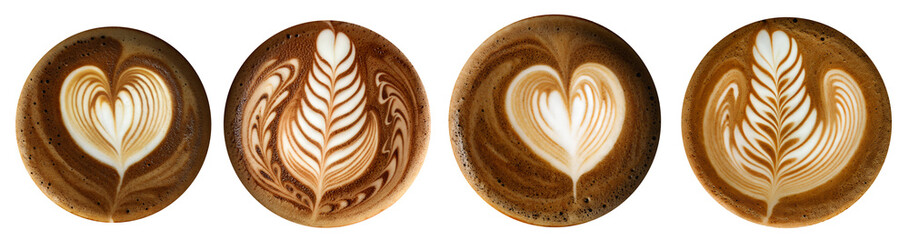 Four cups of latte display beautiful heart and fern designs made with steamed milk and espresso, highlighting the skill of the barista. The warm tones invite appreciation for coffee artistry.