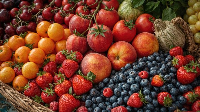 Magnified view of an assortment of fresh fruits and vegetables including cherries, apricots, tomatoes, and different berries.
