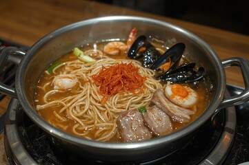 Close-up of a steaming hot pot filled with instant noodles, assorted seafood, sliced pork, and vegetables on a rustic wooden surface