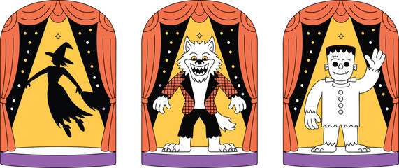 Halloween monsters on stage with curtains in a cartoon style