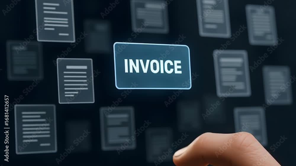 Poster a hand interacts with a digital invoice interface, symbolizing online transactions and business proc