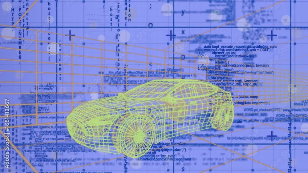 Aufkleber animation of 3d car drawing driving with data processing over grid