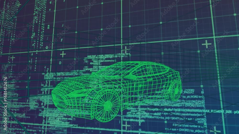 Poster animation of 3d car drawing driving with data processing over grid