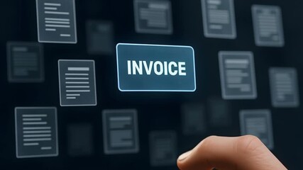 A hand interacts with a digital invoice interface, symbolizing online transactions and business processes. The futuristic design highlights digital documents - Powered by Adobe