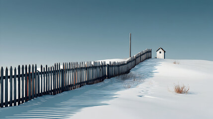 A snow-covered landscape features a wooden fence and small white building.