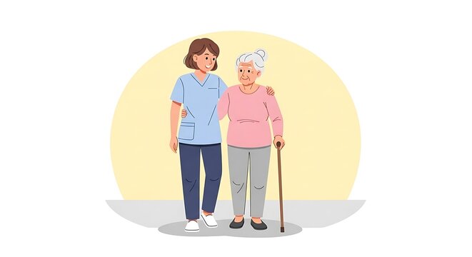 Female caregiver providing gentle assistance to an elderly woman using a walking stick, symbolizing senior care, support, and home health services ...