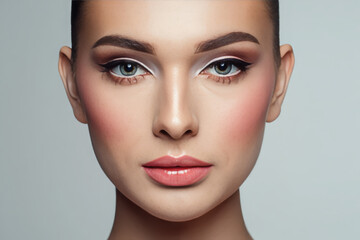 Fototapeta premium Close-up portrait of a young woman with flawless skin and elegant makeup, featuring soft pink blush and a subtle winged eyeliner, conveying beauty and sophistication.