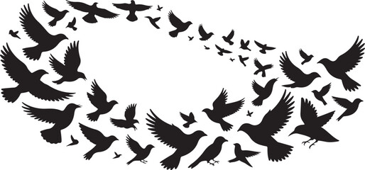 Flock of black birds in flight forming a curved shape on white background flying silhouette