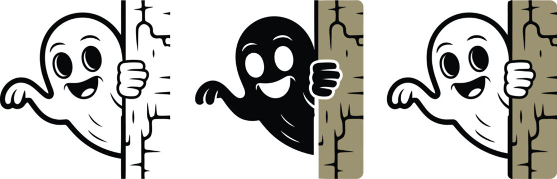 Three cartoon ghosts peeking around a wall for halloween design