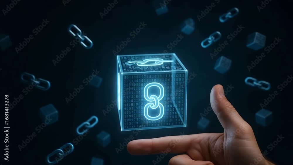 Poster a hand holding a glowing blockchain concept on black background. the image showcases a digital chain