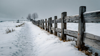 A wooden fence lines a snowy path in a winter landscape under a gray sky.