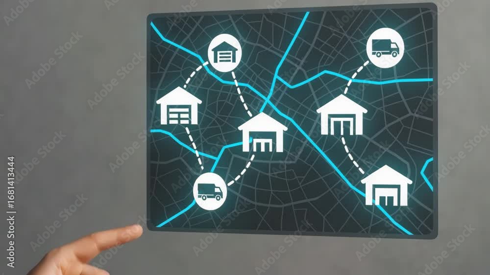 Poster a digital map displaying a distribution network, logistics and a person's hand pointing towards it
