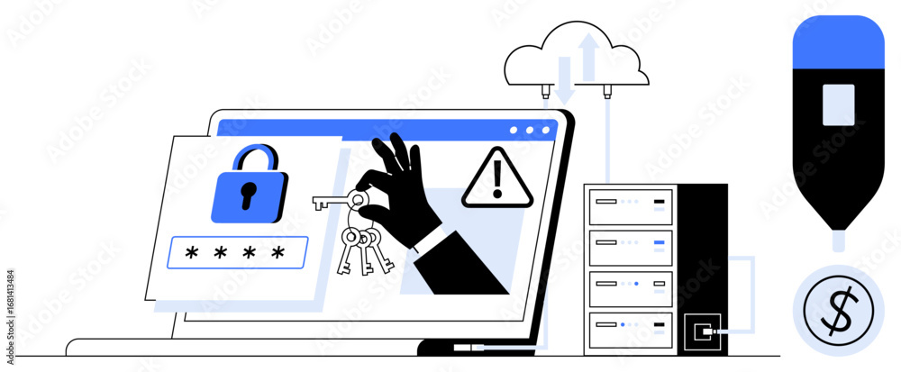 Poster laptop screen with lock, password input, and warning sign, symbolizing data security. hacker hand ho