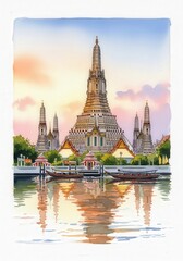 Fototapeta premium Serene sunrise over a grand temple reflected in calm water, boats gently moored nearby