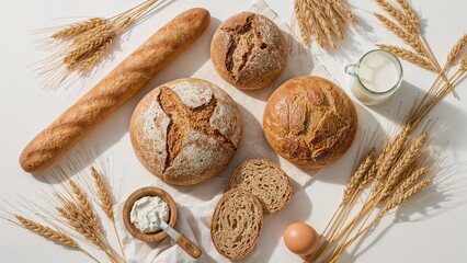 Selection of homemade bread varieties with wheat stalks on a clean white backdrop, emphasizing rustic food elements