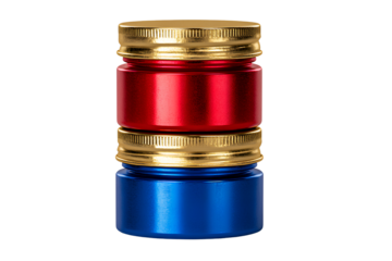 Stacked Metallic Paint Pots in Red, Blue, and Gold with Closed Lids, Minimal Design, Isolated on Transparent Background
