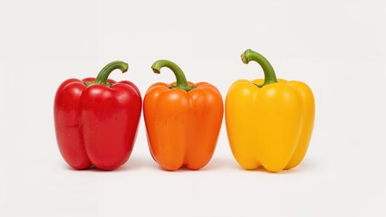 Colorful red, orange, and yellow peppers displayed on a white surface