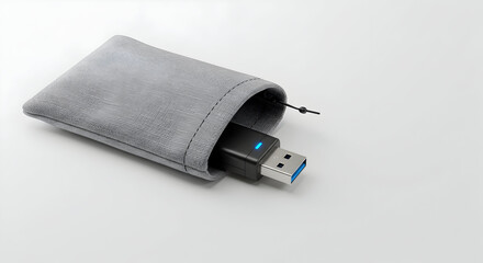 USB flash drive in storage bag placed on white background --ar 169