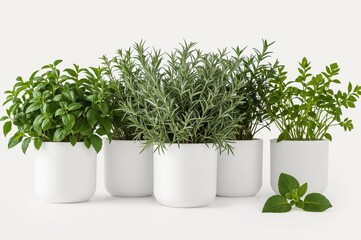 Fototapeta premium Different herbs like basil, thyme, parsley, and rosemary cultivated in white pots on a white backdrop.
