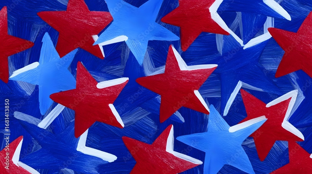 Poster overlapping and layered red and blue stars create a bold, graphic patriotic pattern with a feel.