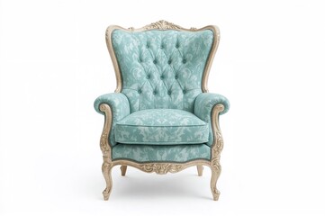 Classic elegant turquoise armchair set against a white backdrop