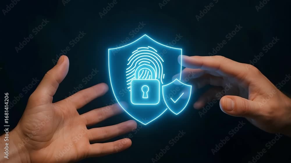 Aufkleber hands interacting with a digital security shield representing data protection and privacy