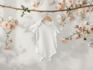 Blank baby onesie, bodysuit mockup, pregnancy announcement background, baby onesie photography, baby onesie hanging against floral backdrop.