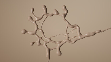 fluid jet, beige splashing, with droplets scattering in all directions. Abstract dynamic background. Drink or cosmetics concept. 3D rendering