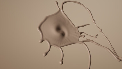 fluid blotch, beige splashing, with droplets scattering in all directions. Abstract dynamic background. Beverage or cosmetics concept. 3D rendering