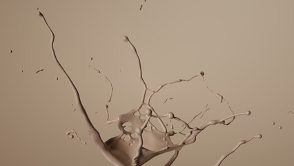 splash of beige paint, with droplets scattering in all directions. Abstract dynamic chocolate milk background. Drink or cosmetics concept. 3D rendering
