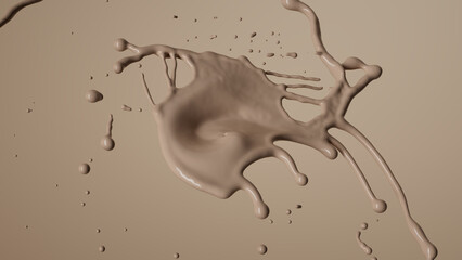 splash of beige paint, with droplets scattering in all directions. Abstract dynamic background. Chocolate milk splatter. Drink or cosmetics concept. 3D rendering
