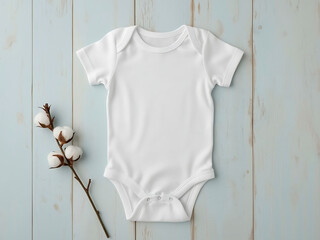 Blank baby onesie, bodysuit mockup, pregnancy announcement background, baby onesie flat-lay with cotton sprigs on wooden blue backdrop.