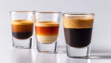 Three espresso drinks in small clear glasses, showcasing layered crema and coffee