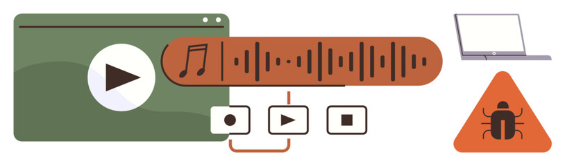 Media player interface with soundwave, music note, play button, laptop, and malware warning sign. Ideal for cybersecurity, technology, streaming, media warning entertainment digital activity