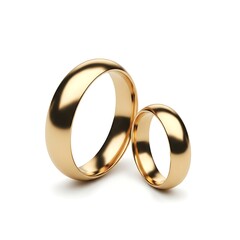 Two golden wedding rings isolated on white background, symbolizing eternal love