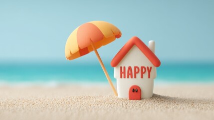 Naklejka premium Colorful beach house toy with an umbrella showcasing the word happy, symbolizing joy and relaxation in a tropical seaside setting on sand