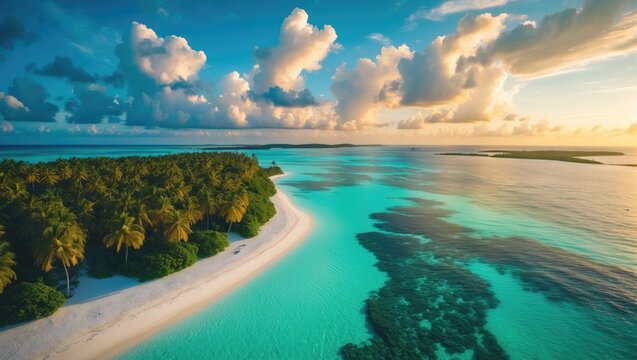 Aerial perspective of a vibrant island paradise with palm-lined shores and sparkling turquoise seas