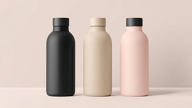 Three matte-finish bottles in black, beige, and pink, arranged in a horizontal row against a soft peach background.  They feature simple, rounded shapes and matching caps