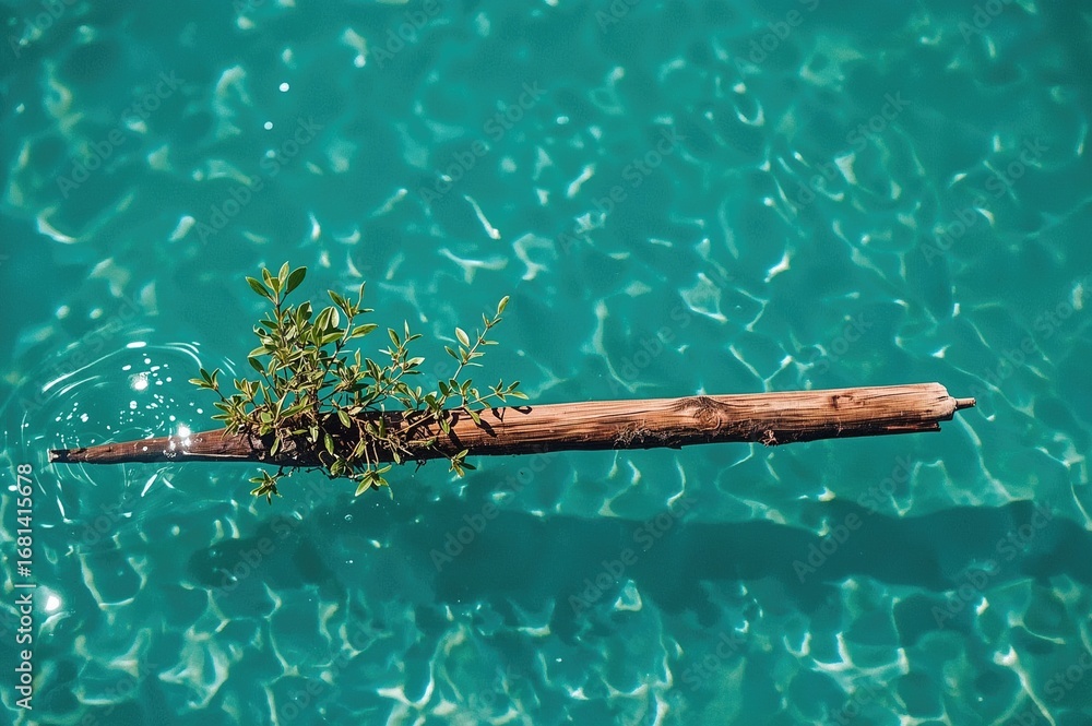 Poster a horizontal view of a log with fresh sprouts floating on vibrant turquoise and green waters in a sc