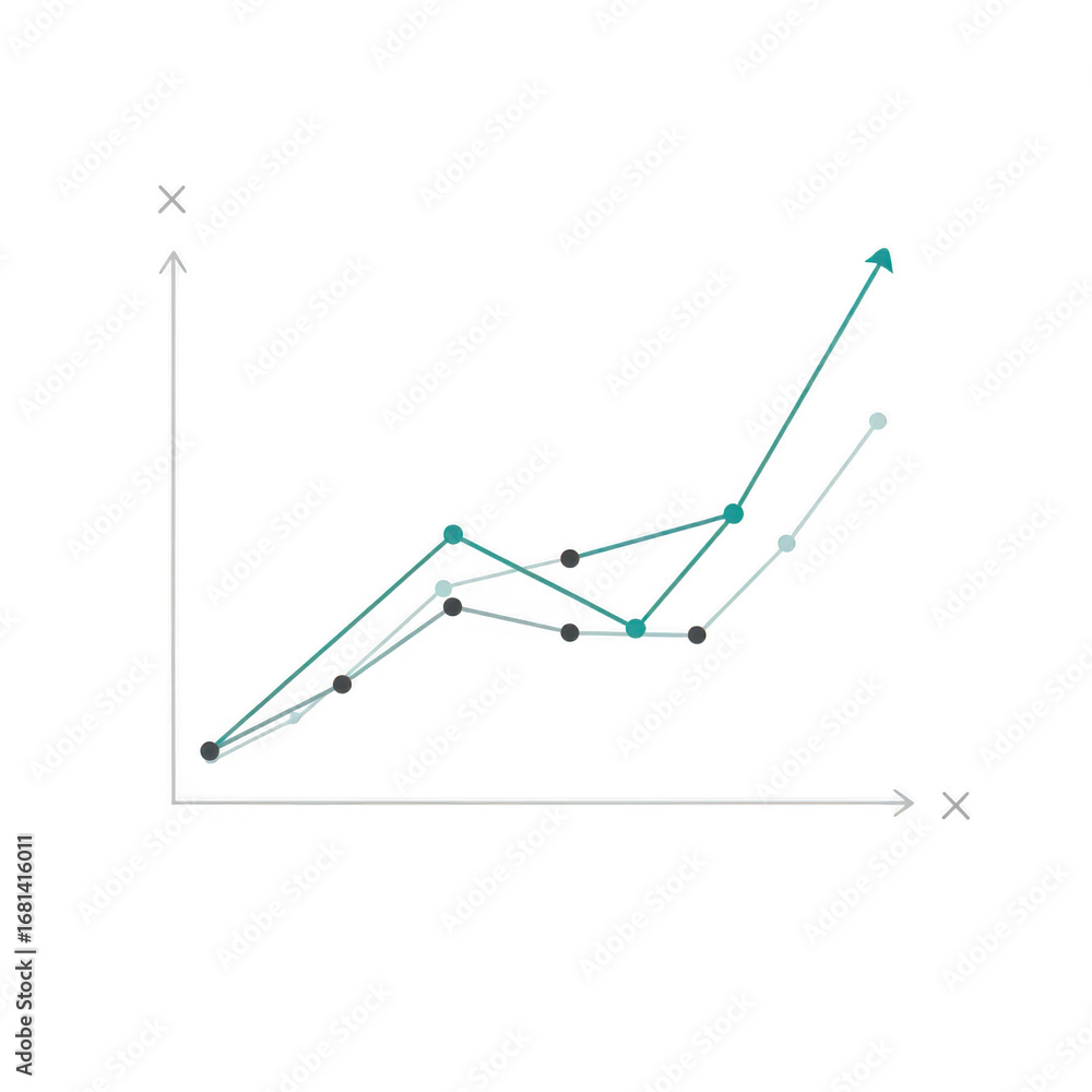 Poster business growth chart with multiple lines and data points on black background graph analysis isolate