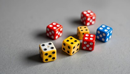 Five assorted dice scattered on a grey surface,   board game,  number