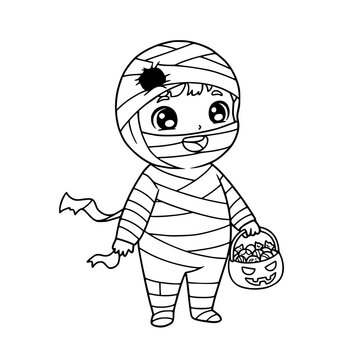 mummy kid holding halloween basket clip art preview