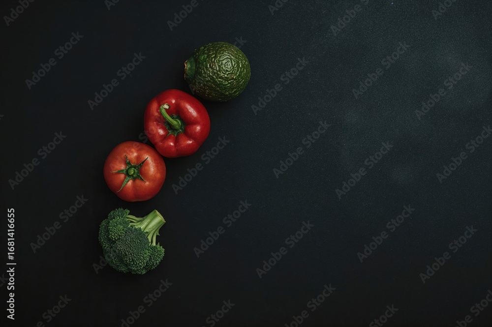 Poster assorted fresh vegetables displayed on a dark surface, including peppers, tomatoes, broccoli, and av