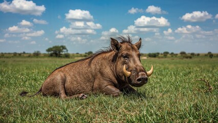Swine calmly sitting in grassy terrain