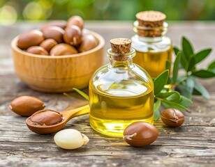 Argan seeds and oil isolated on a white background. Argan oil nuts with plant selecte