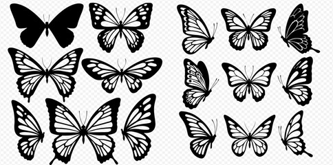 Collection of butterfly illustrations in various styles and wing positions, presented in black and white. © Adji