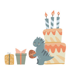 Cute dinosaur celebrating birthday with gifts and cake illustration. © ZhumaStudio